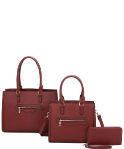3 In1 Plain Zipper Satchel Bag with Bag and Wallet Set LF-22511 BURGUNDY